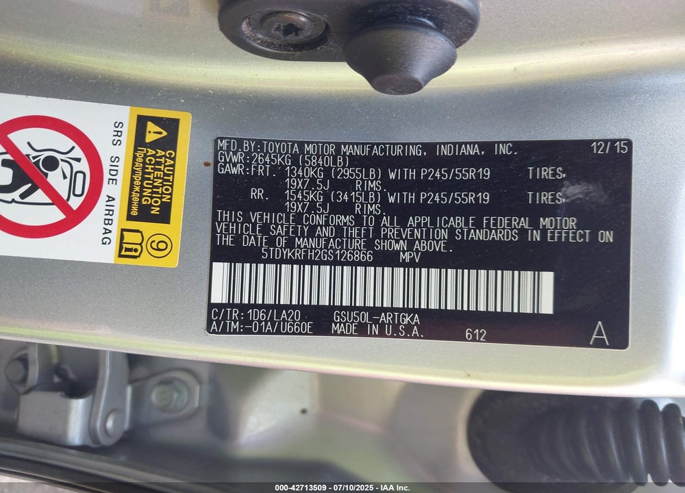 2016 TOYOTA HIGHLANDER VIN: 5TDYKRFH2GS126866