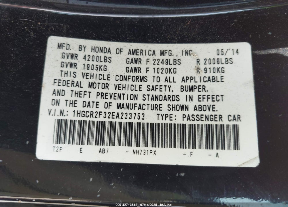 2014 HONDA ACCORD VIN: 1HGCR2F32EA233753