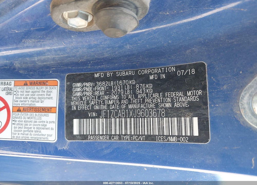 2018 SUBARU BRZ PREMIUM VIN: JF1ZCAB1XJ9603678