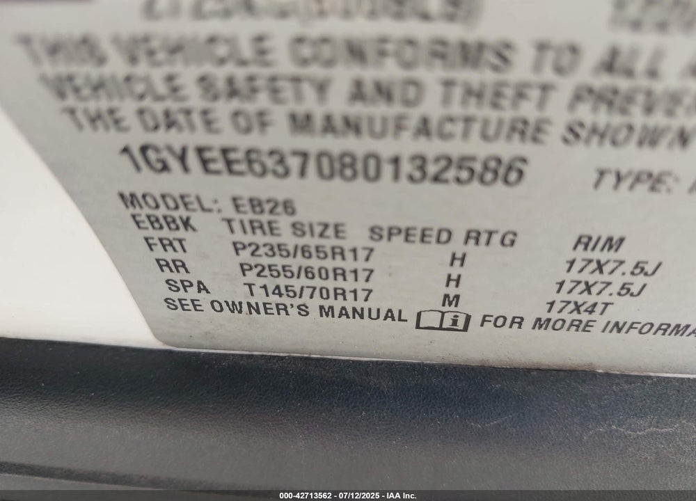2008 CADILLAC SRX VIN: 1GYEE637080132586