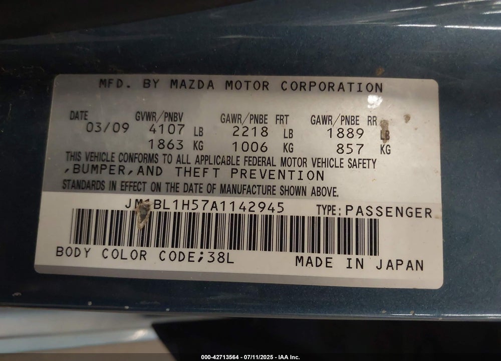 2010 MAZDA 3 VIN: JM1BL1H57A1142945