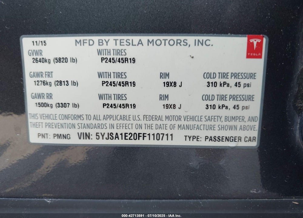 2015 TESLA MODEL S VIN: 5YJSA1E20FF110711