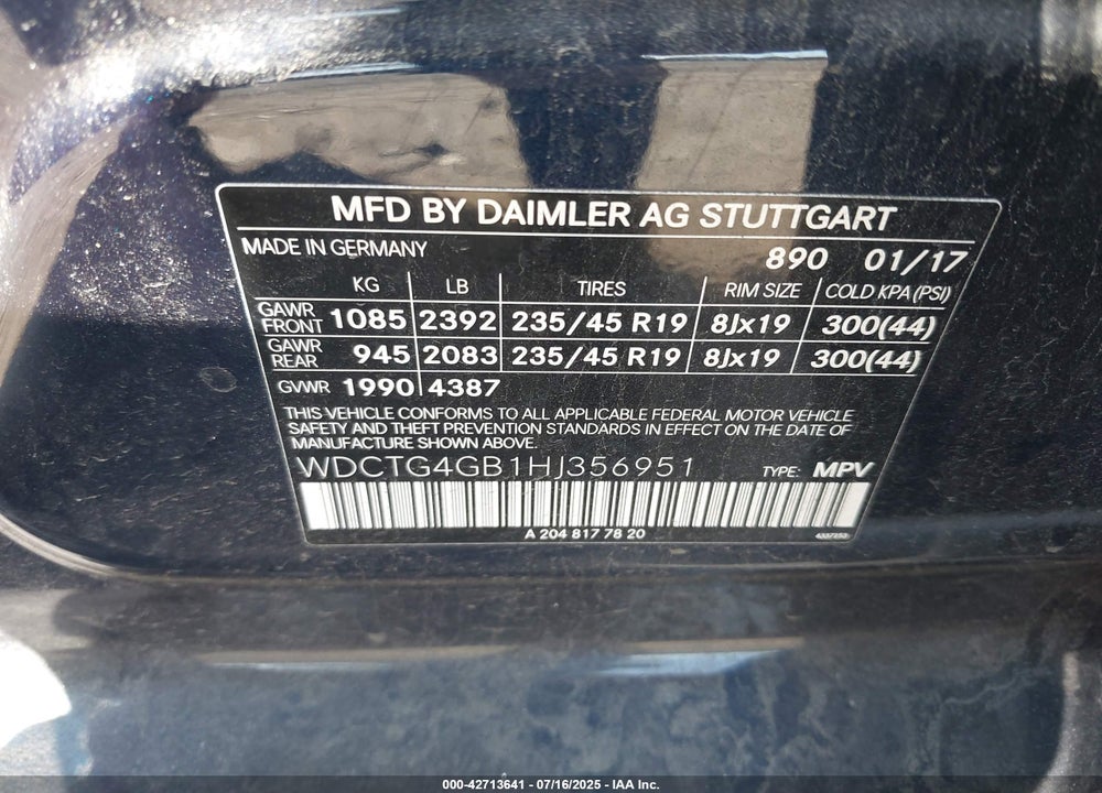 2017 MERCEDES-BENZ GLA-CLASS VIN: WDCTG4GB1HJ356951