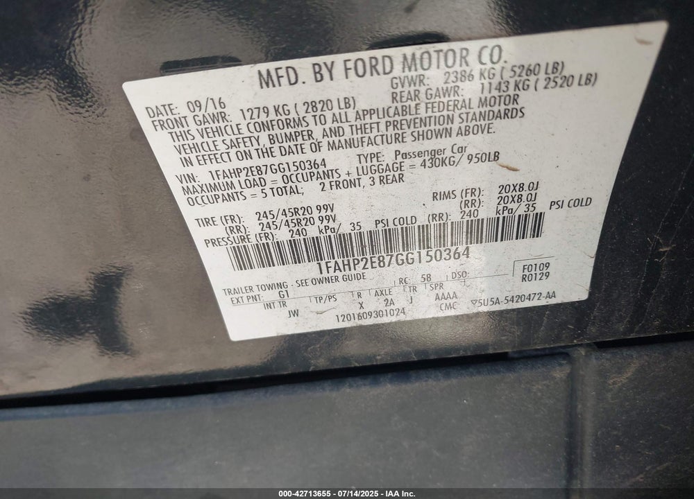 2016 FORD TAURUS VIN: 1FAHP2E87GG150364