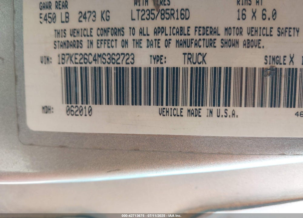 1991 DODGE D-SERIES D200/D250 VIN: 1B7KE26C4MS362723
