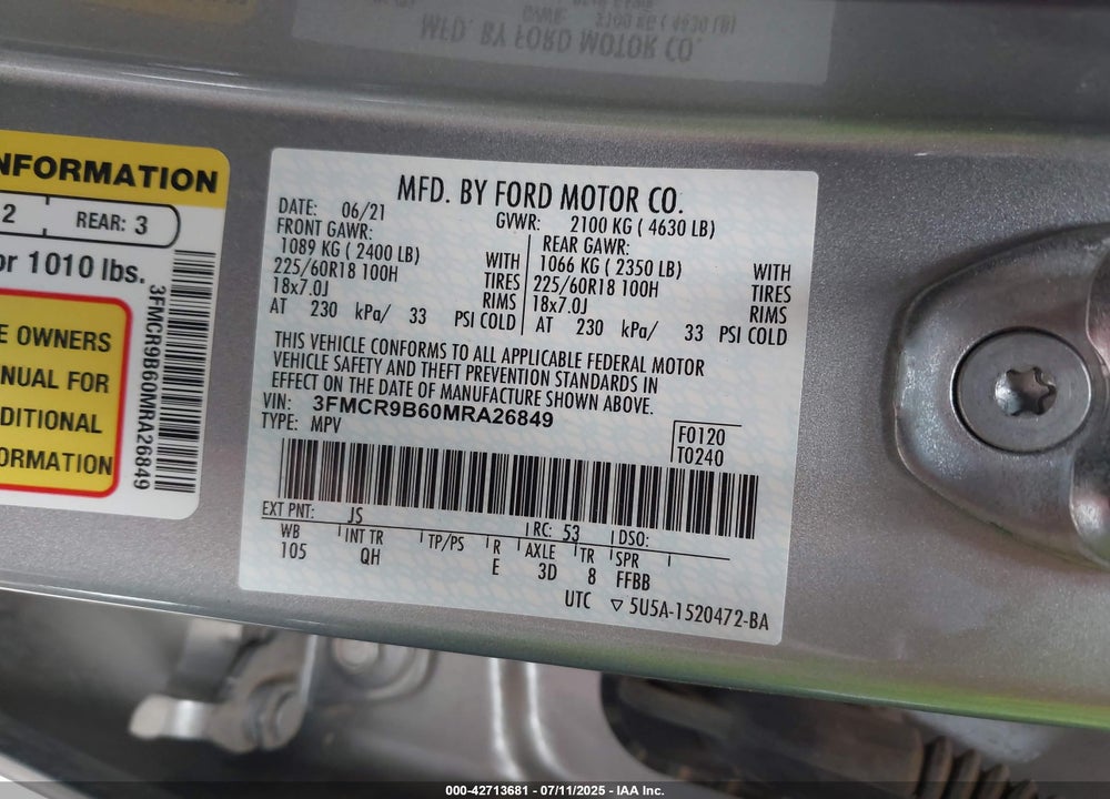 2021 FORD BRONCO SPORT BIG BEND VIN: 3FMCR9B60MRA26849