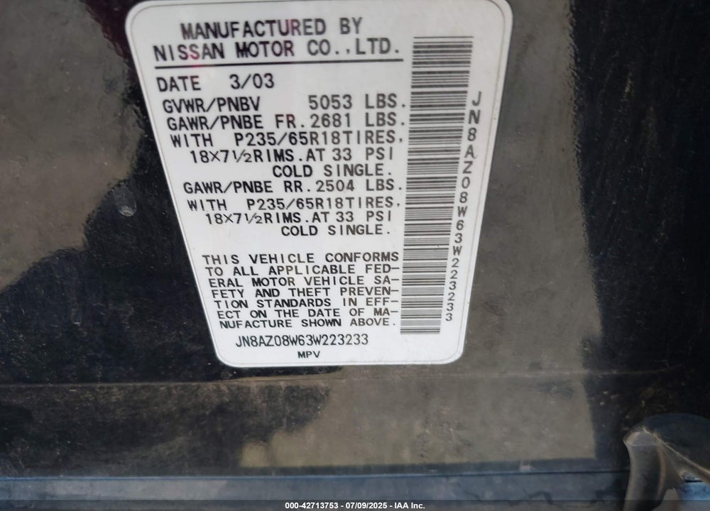 2003 NISSAN MURANO SL VIN: JN8AZ08W63W223233