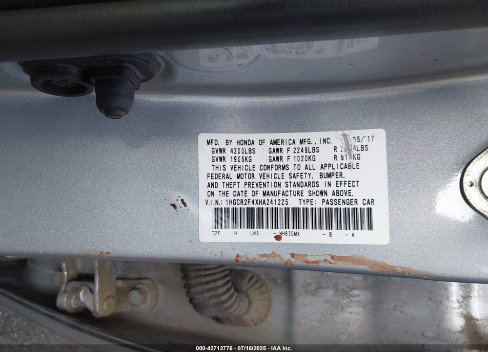 2017 HONDA ACCORD LX VIN: 1HGCR2F4XHA241225