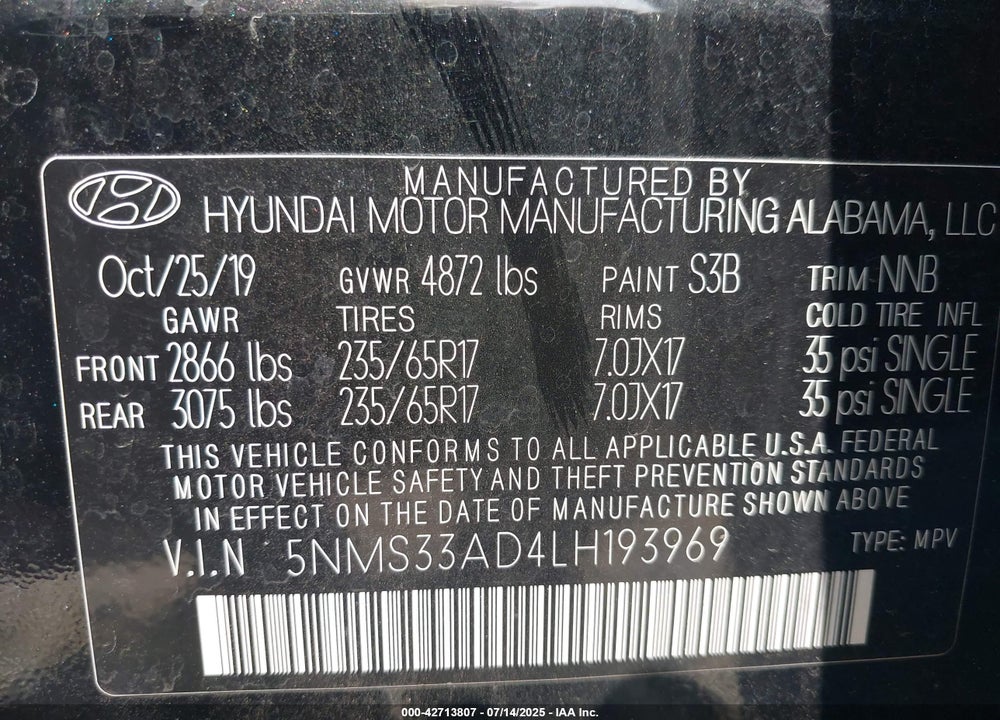 2020 HYUNDAI SANTA FE SEL VIN: 5NMS33AD4LH193969