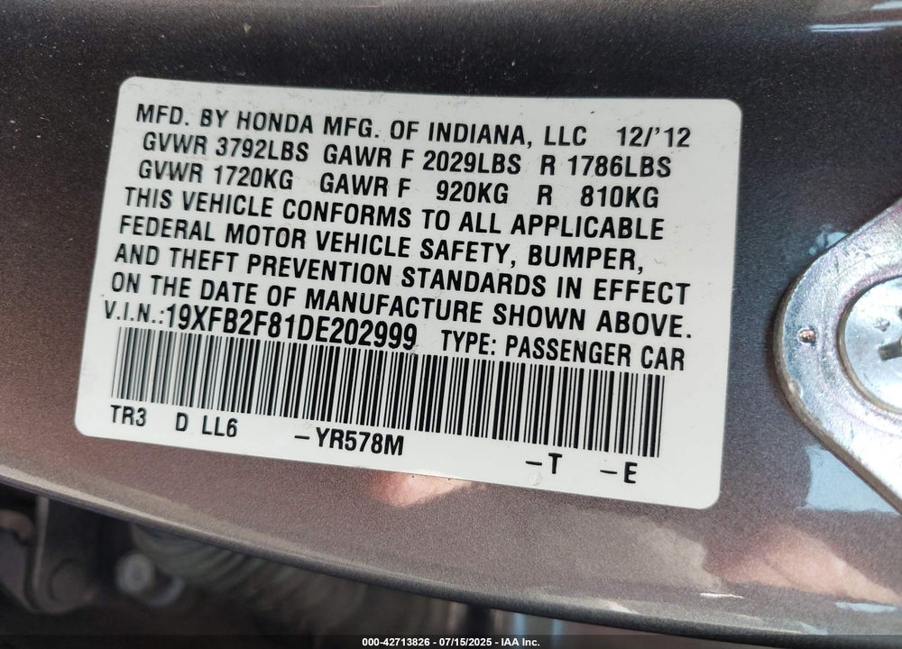 2013 HONDA CIVIC VIN: 19XFB2F81DE202999