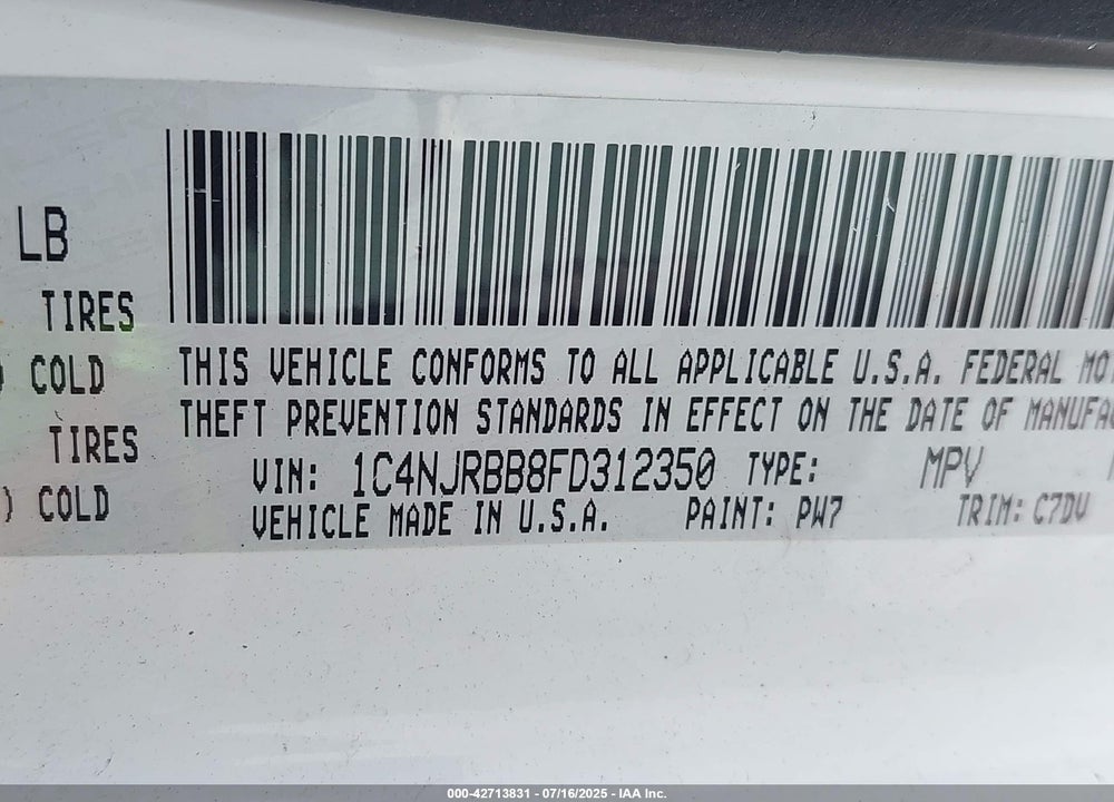 2015 JEEP PATRIOT VIN: 1C4NJRBB8FD312350
