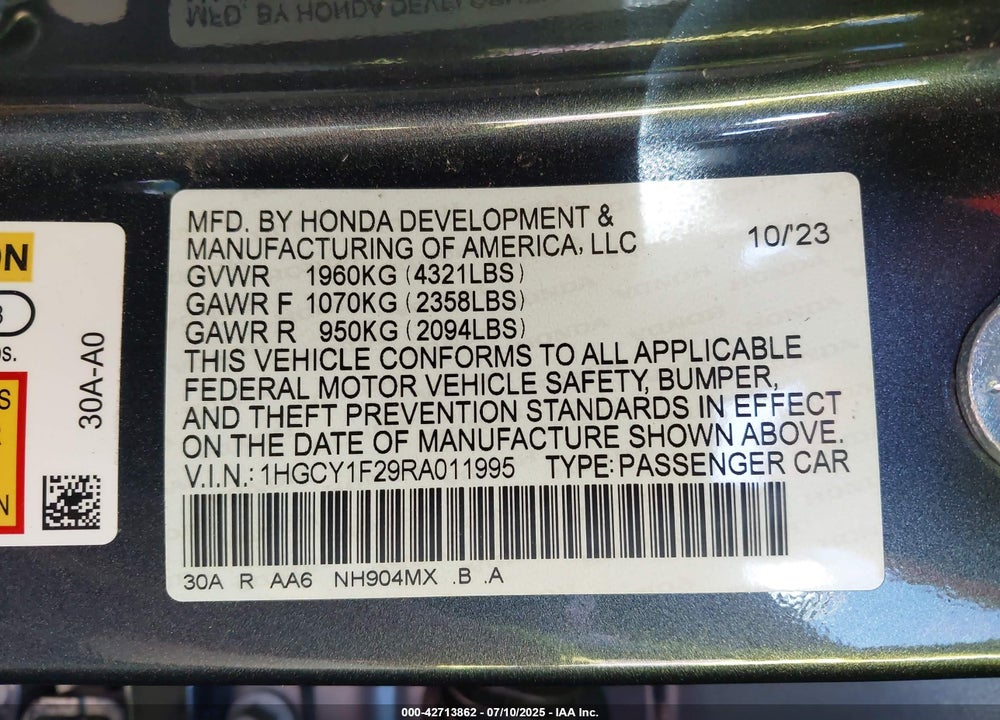 2024 HONDA ACCORD VIN: 1HGCY1F29RA011995