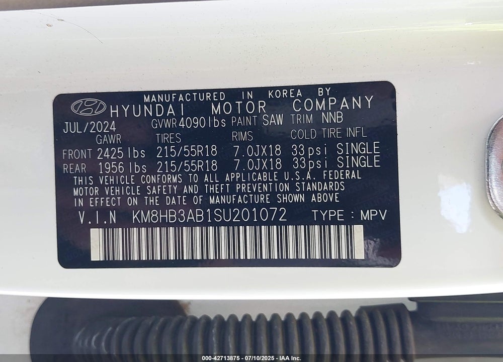 2025 HYUNDAI KONA VIN: KM8HB3AB1SU201072