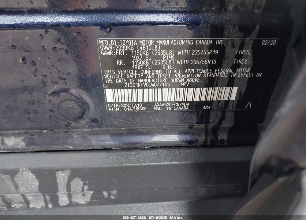 2020 TOYOTA RAV4 XLE PREMIUM VIN: 2T3C1RFV0LW077405