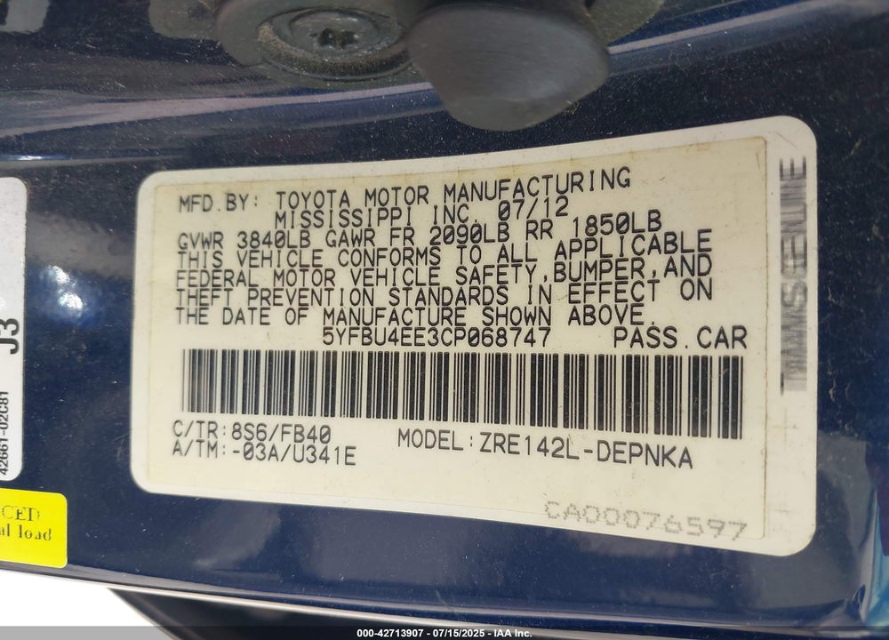 2012 TOYOTA COROLLA VIN: 5YFBU4EE3CP068747