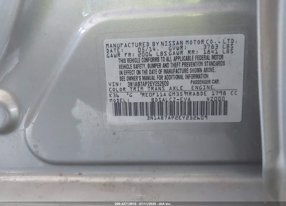 2014 NISSAN SENTRA VIN: 3N1AB7AP2EY252609