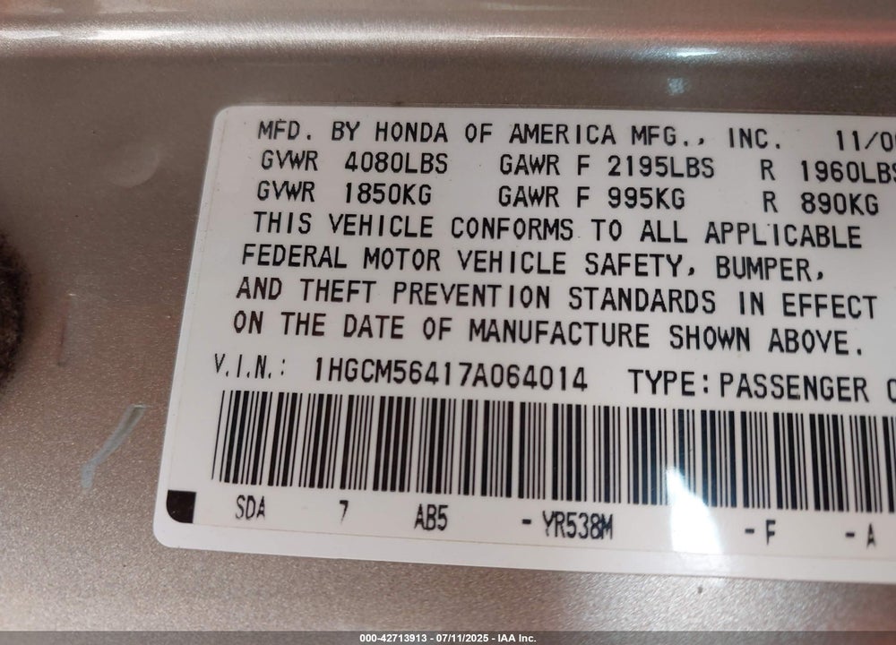 2007 HONDA ACCORD 2.4 LX VIN: 1HGCM56417A064014
