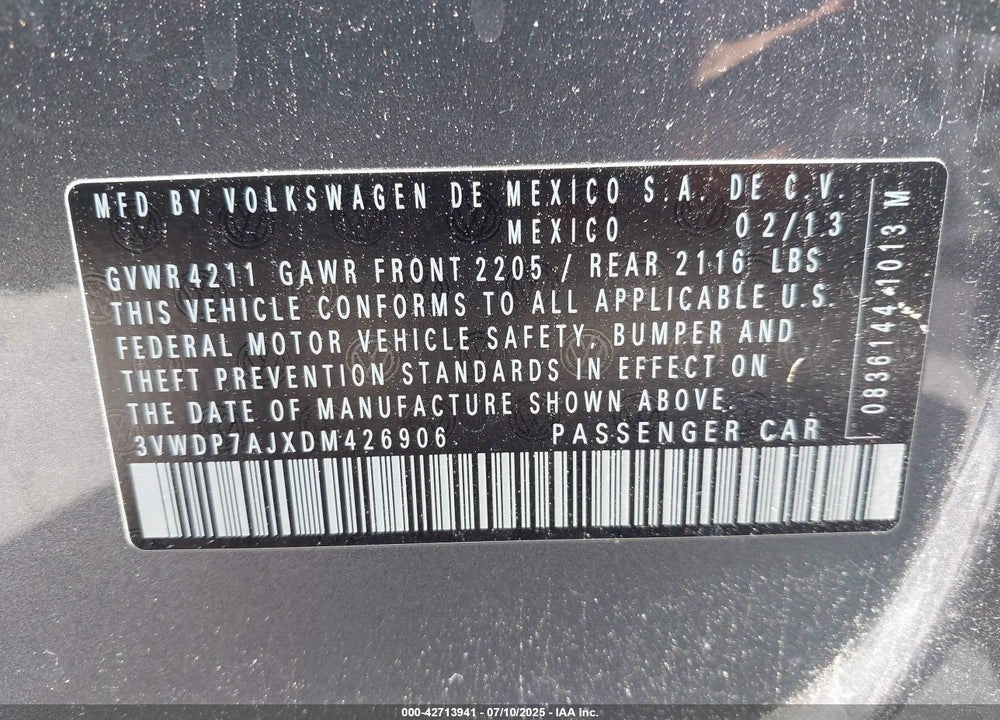 2013 VOLKSWAGEN JETTA VIN: 3VWDP7AJXDM426906