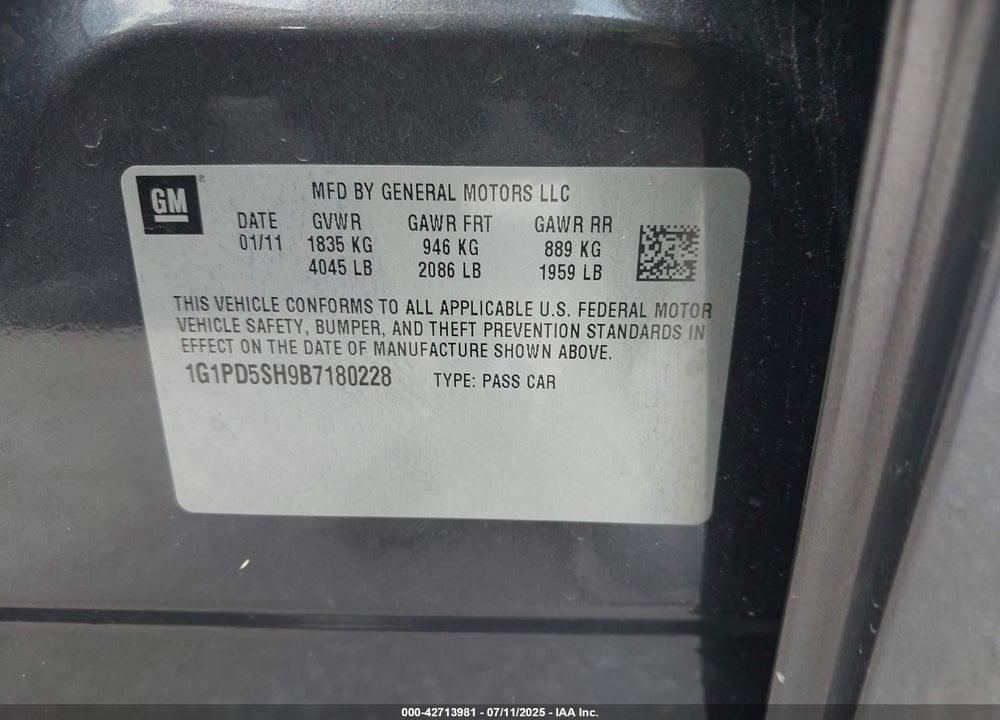 2011 CHEVROLET CRUZE VIN: 1G1PD5SH9B7180228