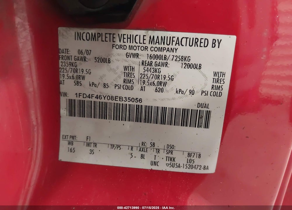 2008 FORD F-450 CHASSIS XL/XLT VIN: 1FD4F46Y08EB35056