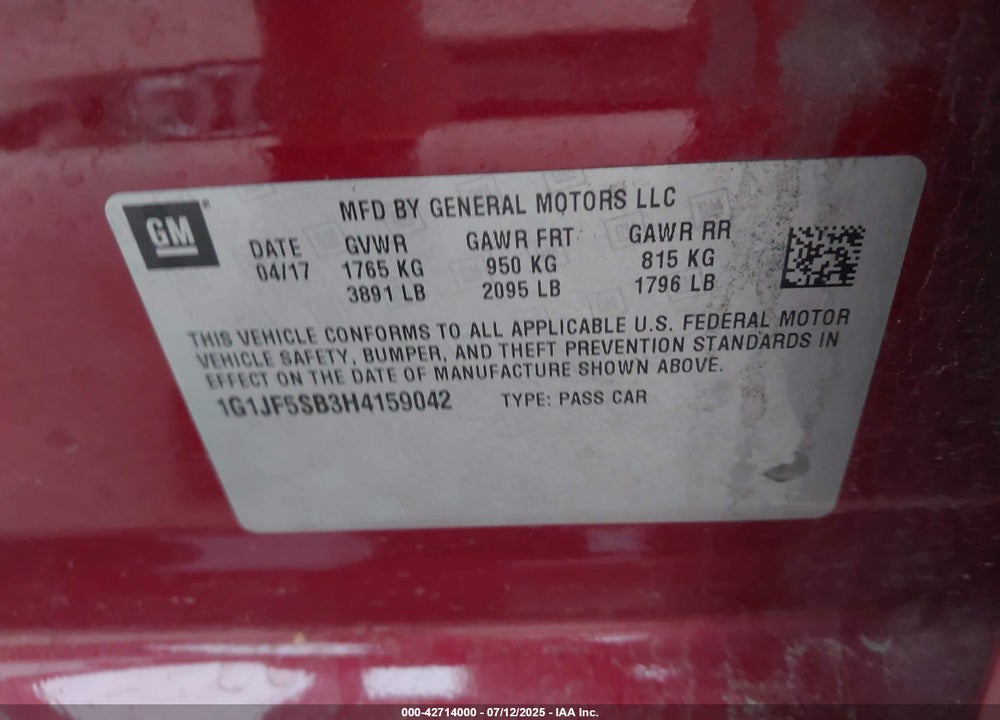 2017 CHEVROLET SONIC VIN: 1G1JF5SB3H4159042