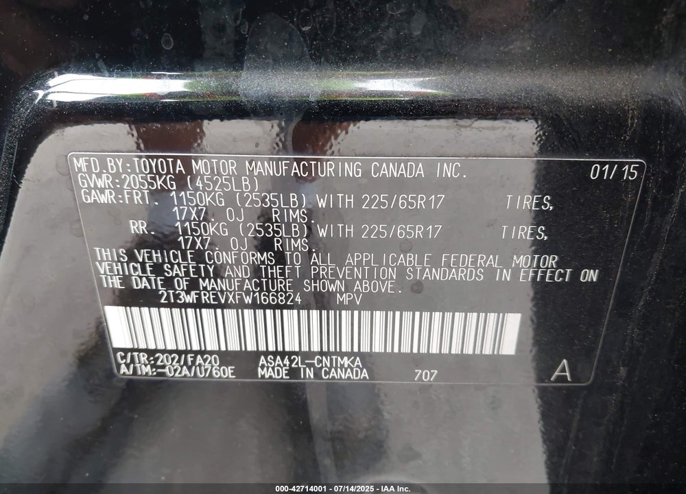 2015 TOYOTA RAV4 VIN: 2T3WFREVXFW166824
