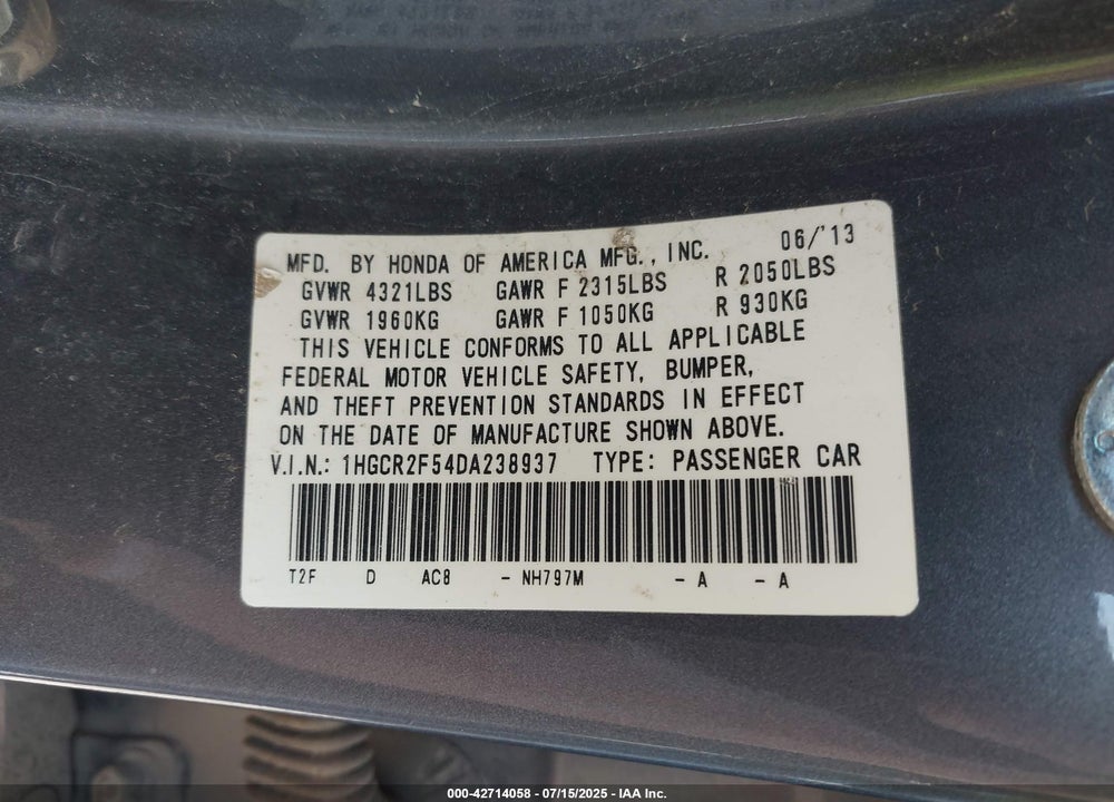 2013 HONDA ACCORD SPORT VIN: 1HGCR2F54DA238937