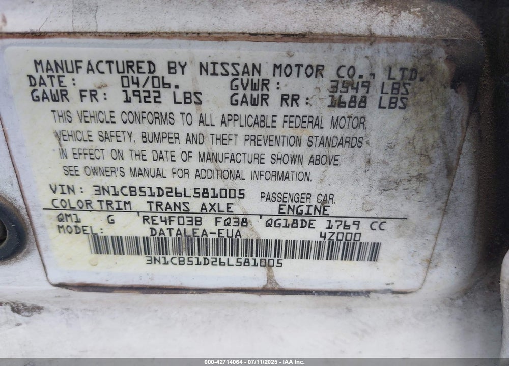 2006 NISSAN SENTRA 1.8S VIN: 3N1CB51D26L581005