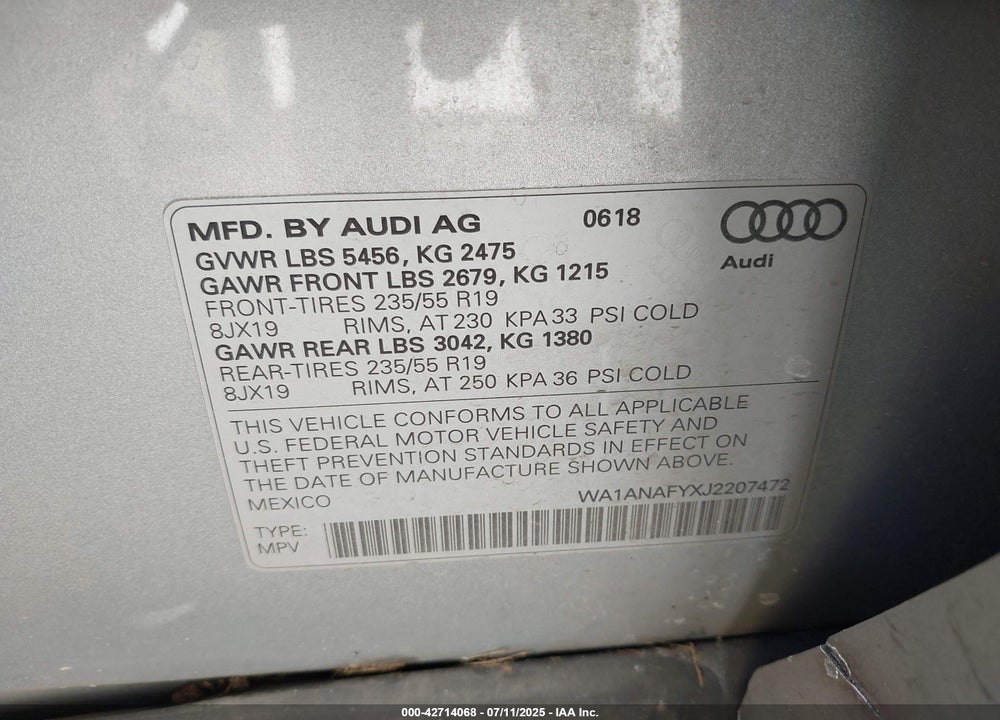 2018 AUDI Q5 VIN: WA1ANAFYXJ2207472