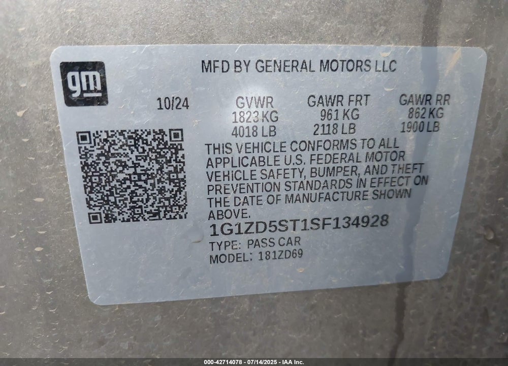 2025 CHEVROLET MALIBU VIN: 1G1ZD5ST1SF134928