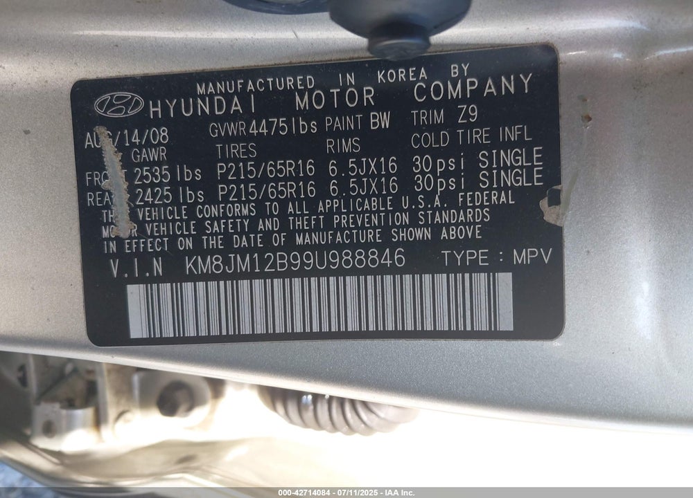 2009 HYUNDAI TUCSON VIN: KM8JM12B99U988846