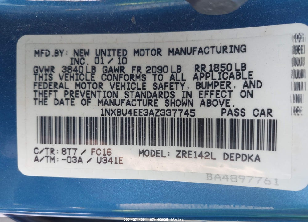2010 TOYOTA COROLLA VIN: 1NXBU4EE3AZ337745