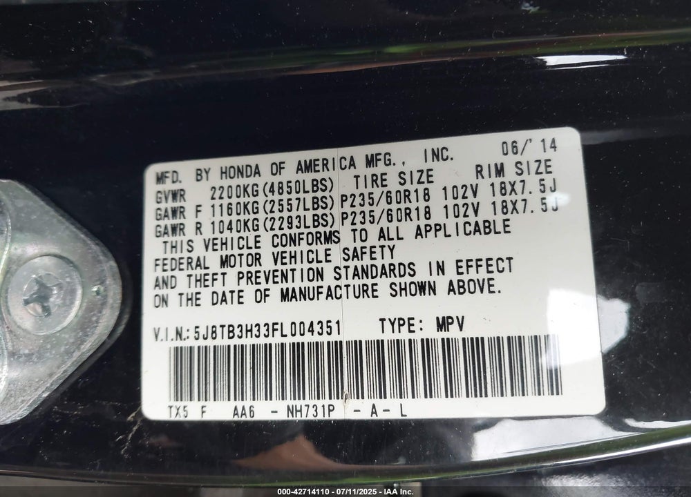 2015 ACURA RDX VIN: 5J8TB3H33FL004351