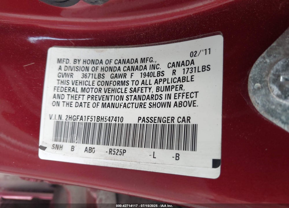 2011 HONDA CIVIC VIN: 2HGFA1F51BH547410