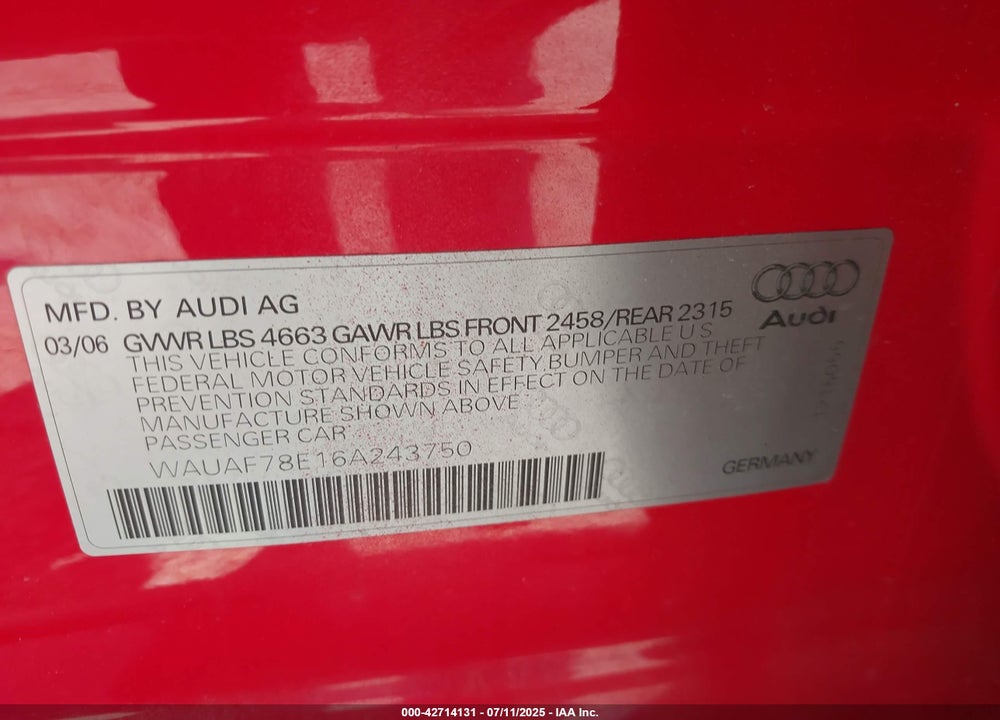 2006 AUDI A4 VIN: WAUAF78E16A243750
