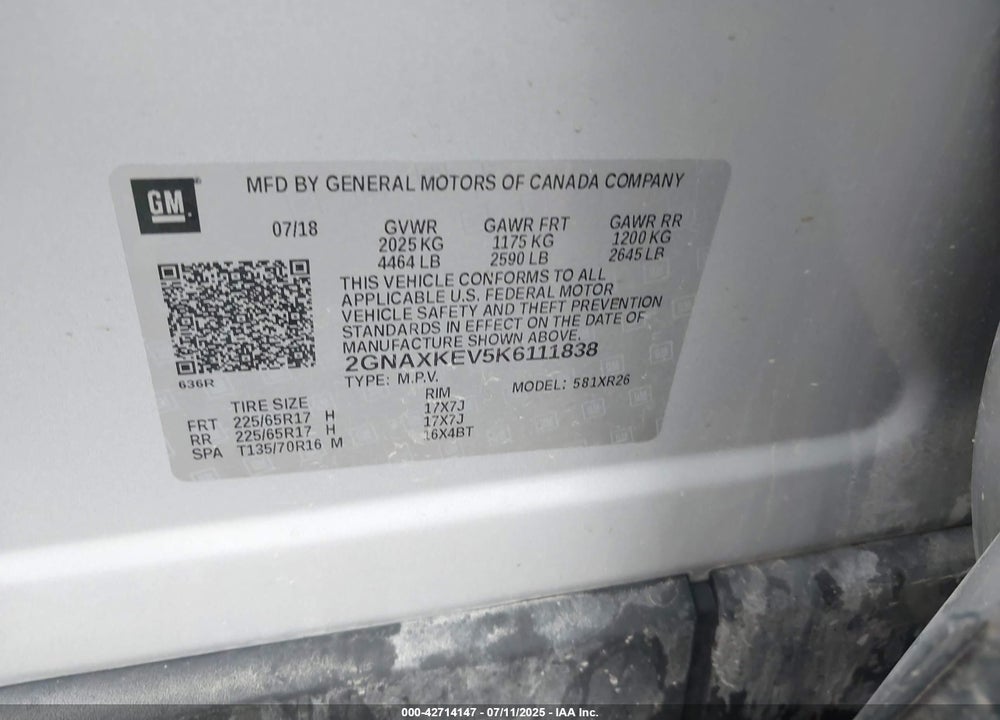 2019 CHEVROLET EQUINOX LT VIN: 2GNAXKEV5K6111838