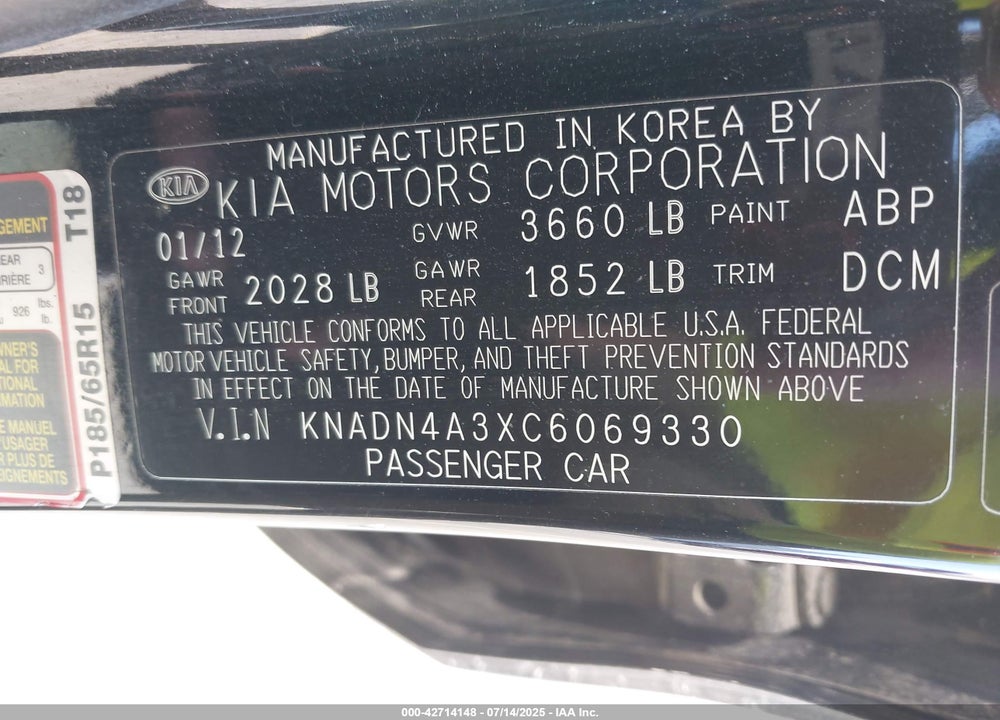 2012 KIA RIO EX VIN: KNADN4A3XC6069330