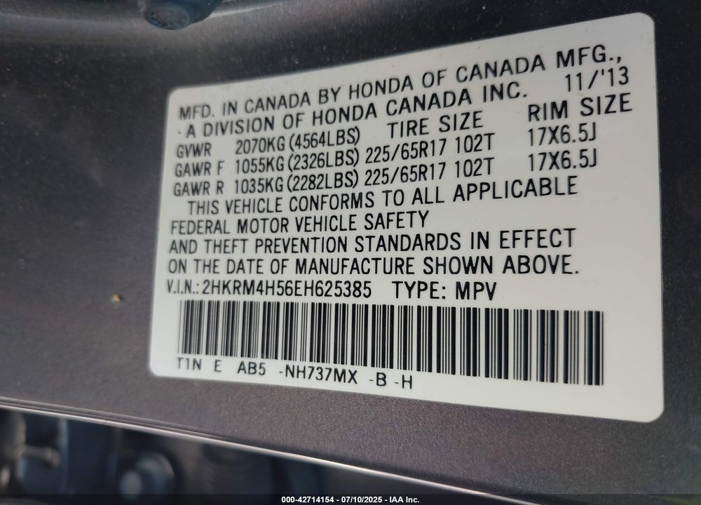 2014 HONDA CR-V EX VIN: 2HKRM4H56EH625385