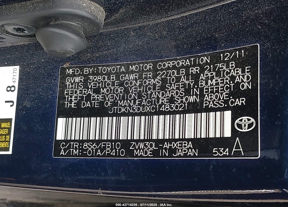 2012 TOYOTA PRIUS VIN: JTDKN3DUXC1483021