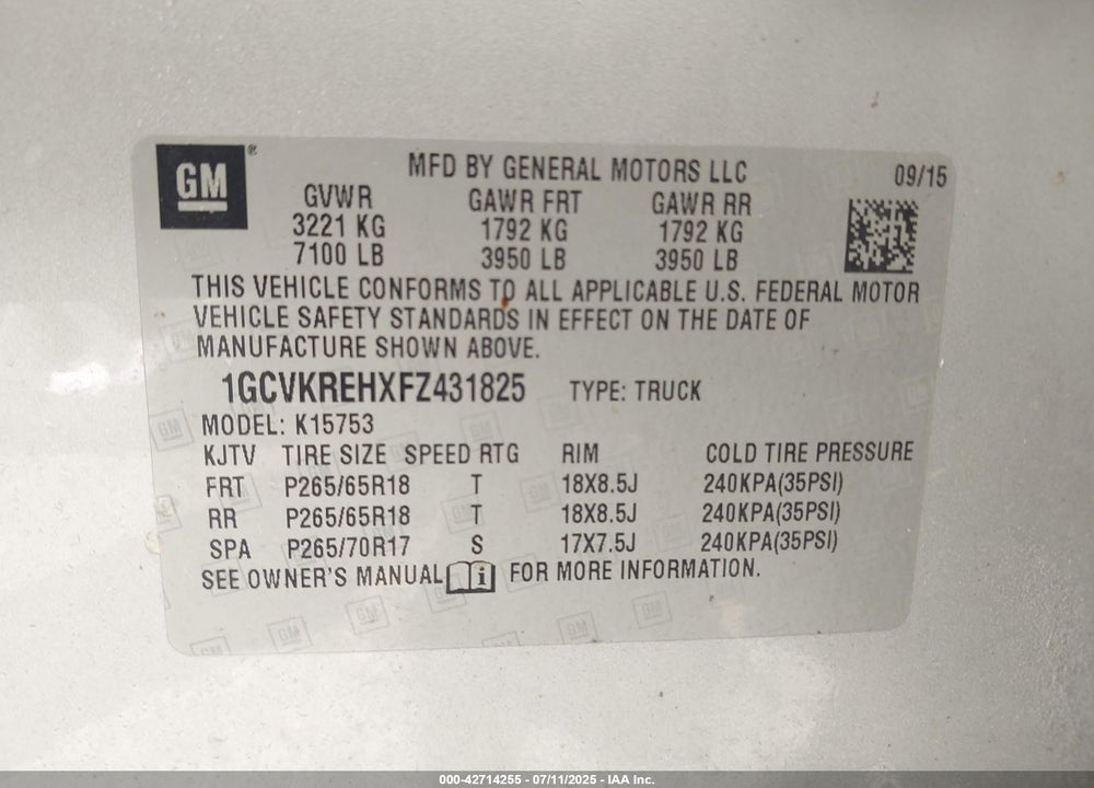2015 CHEVROLET SILVERADO 1500 VIN: 1GCVKREHXFZ431825