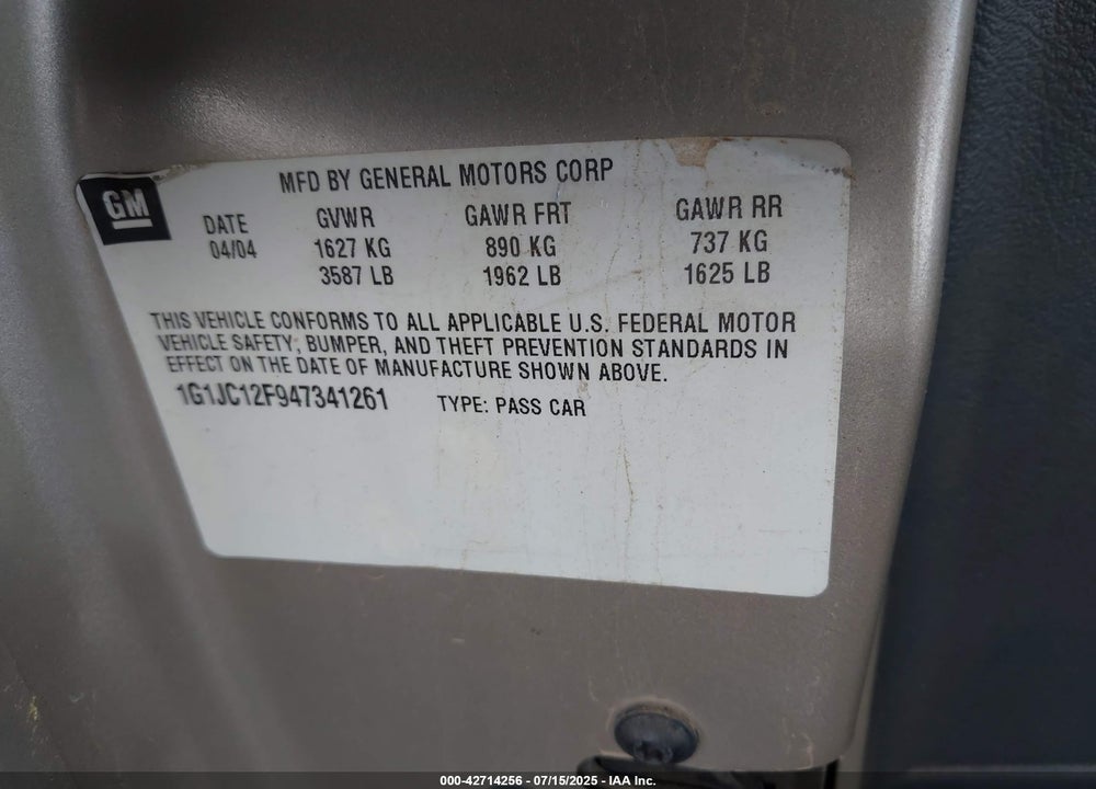 2004 CHEVROLET CAVALIER VIN: 1G1JC12F947341261