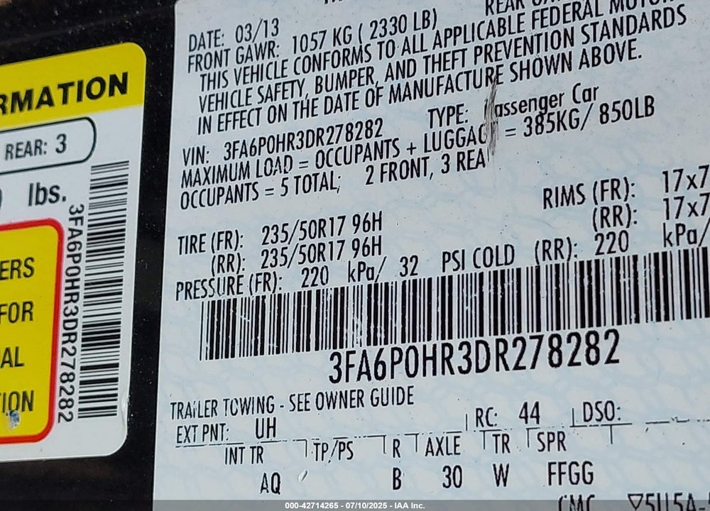 2013 FORD FUSION VIN: 3FA6P0HR3DR278282