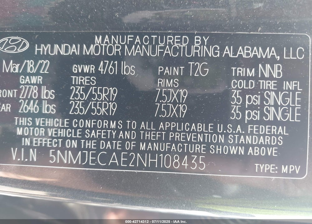 2022 HYUNDAI TUCSON VIN: 5NMJECAE2NH108435