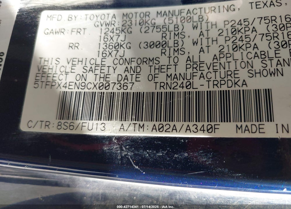 2012 TOYOTA TACOMA VIN: 5TFPX4EN9CX007367