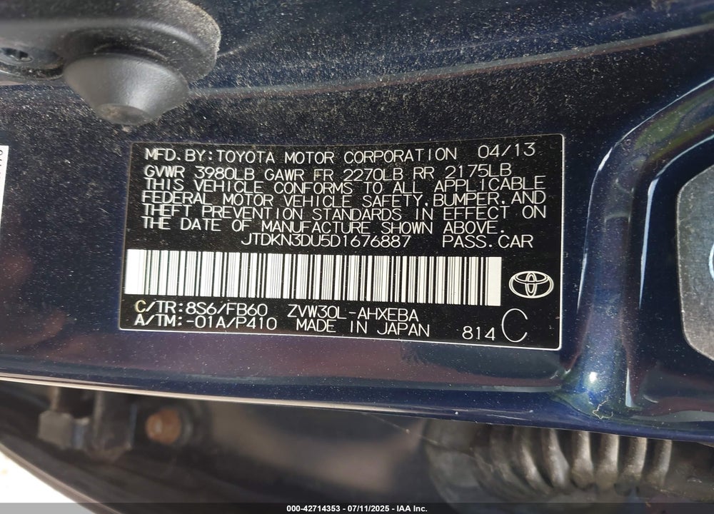 2013 TOYOTA PRIUS VIN: JTDKN3DU5D1676887