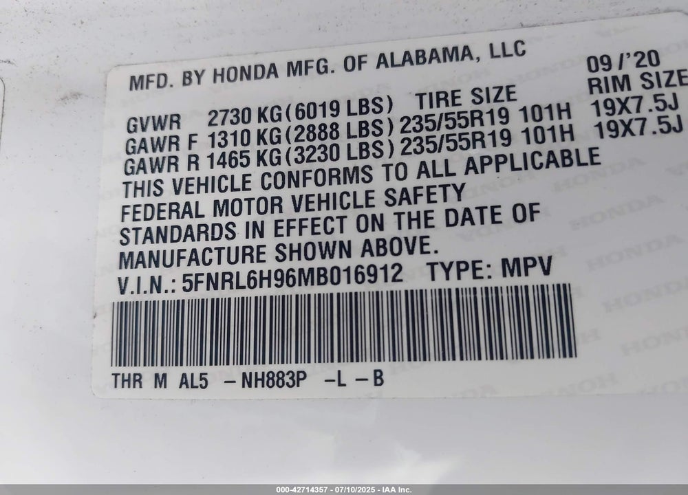 2021 HONDA ODYSSEY VIN: 5FNRL6H96MB016912
