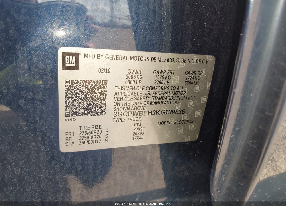 2019 CHEVROLET SILVERADO 1500 VIN: 3GCPWBEH3KG139836