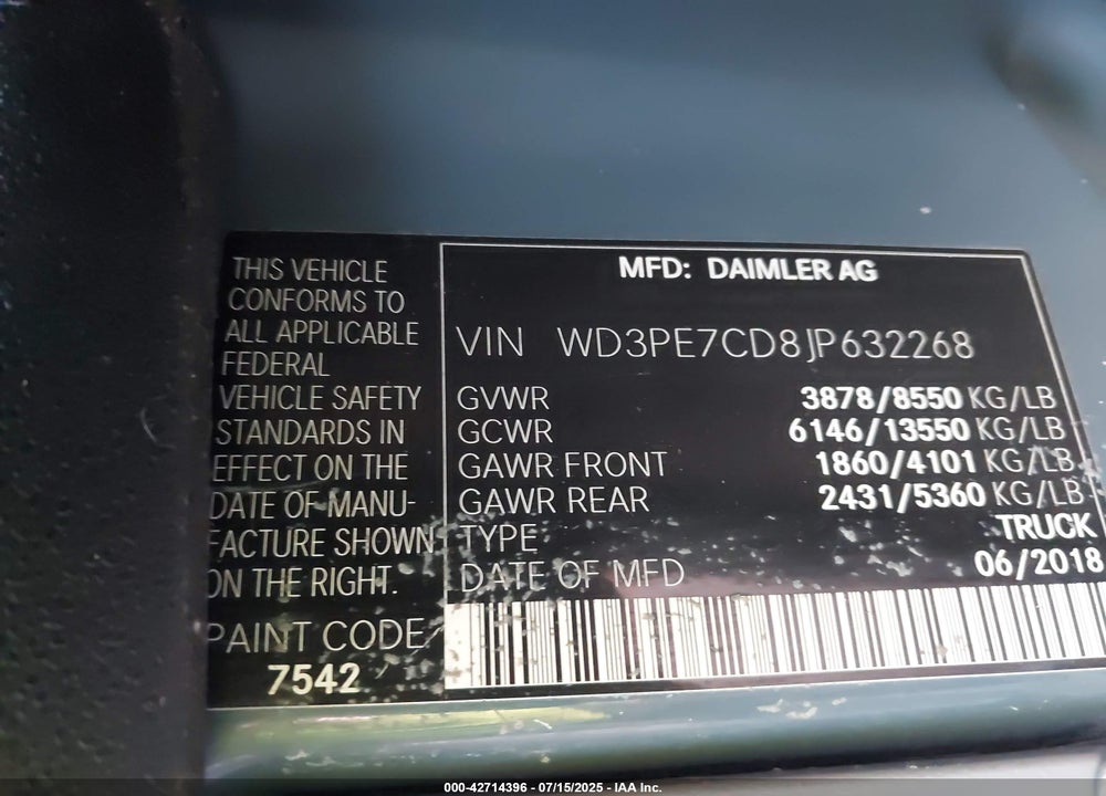 2018 MERCEDES-BENZ SPRINTER 2500 STANDARD ROOF V6 VIN: WD3PE7CD8JP632268