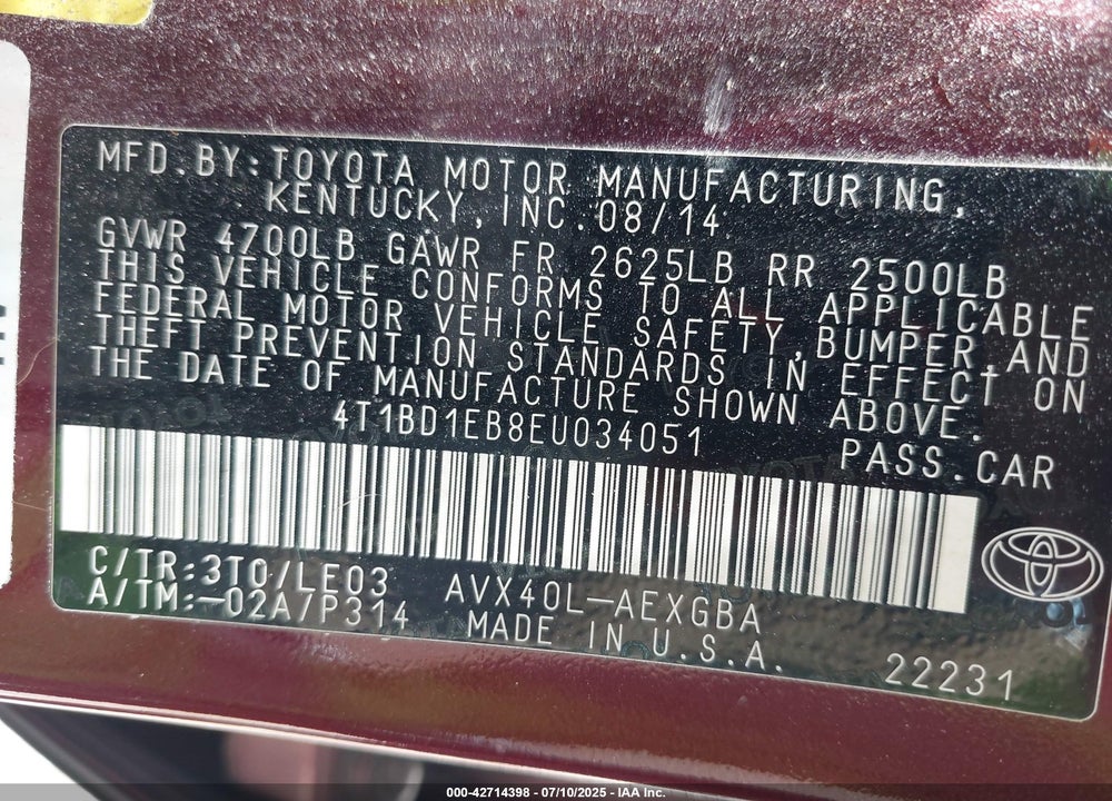 2014 TOYOTA AVALON VIN: 4T1BD1EB8EU034051