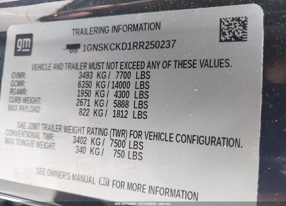 2024 CHEVROLET SUBURBAN VIN: 1GNSKCKD1RR250237